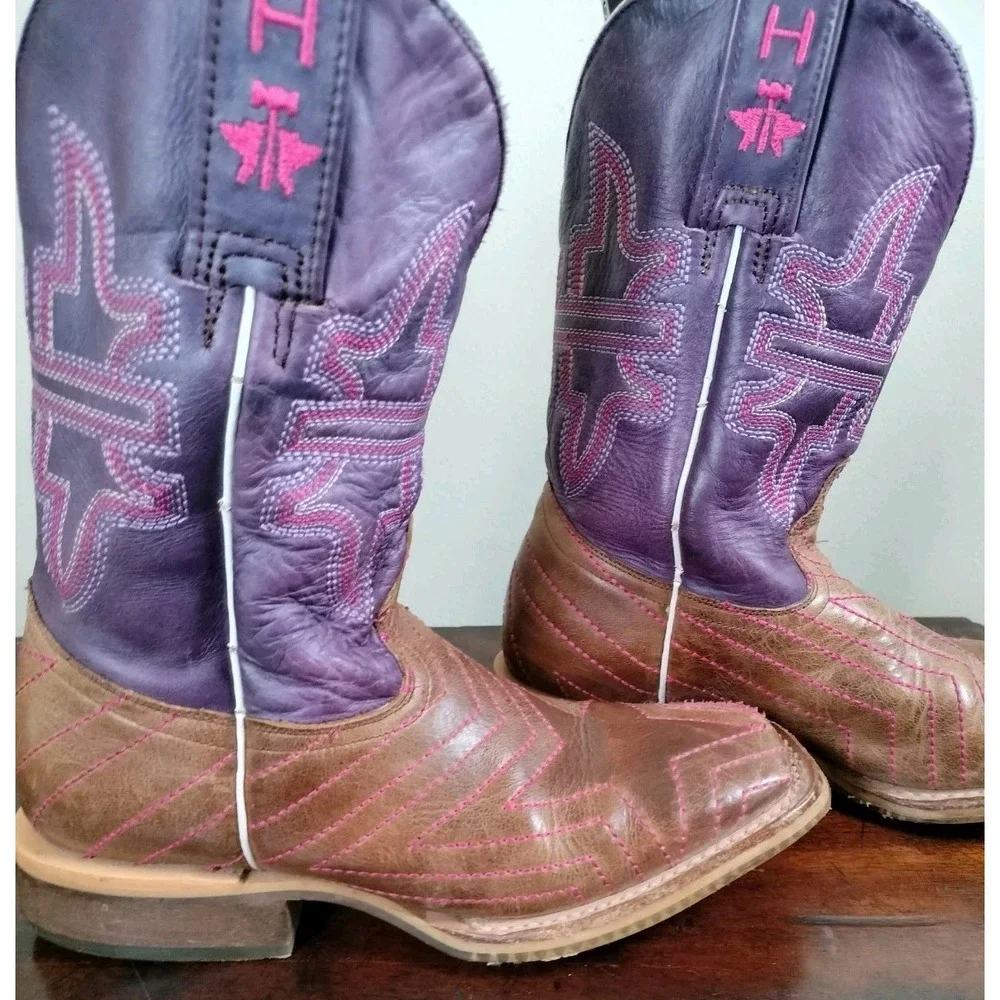 Tin Haul Starlight Cowgirl Boots Youth Kids Size 2 Purple Brown Square Toe USA